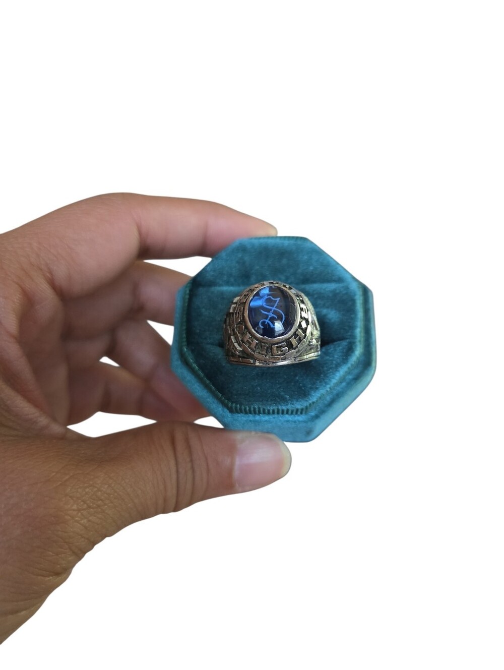 Vtg Size 9 1983 Stainless Steel Blue Stone Signet Ring Sumter High Wrestling
